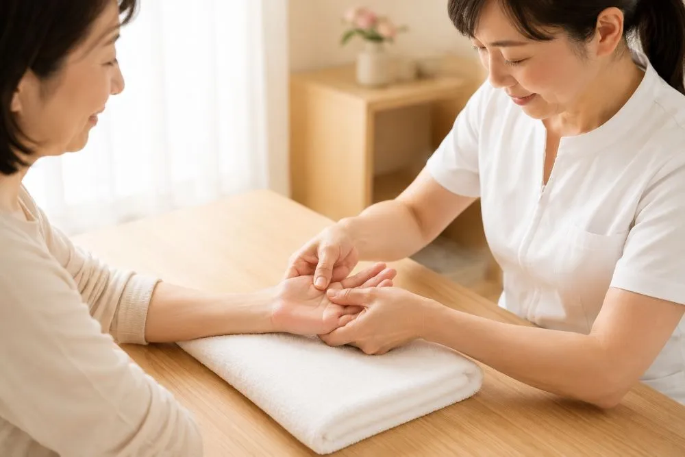 テーブルで手のひらの反射区に手技を施している様子