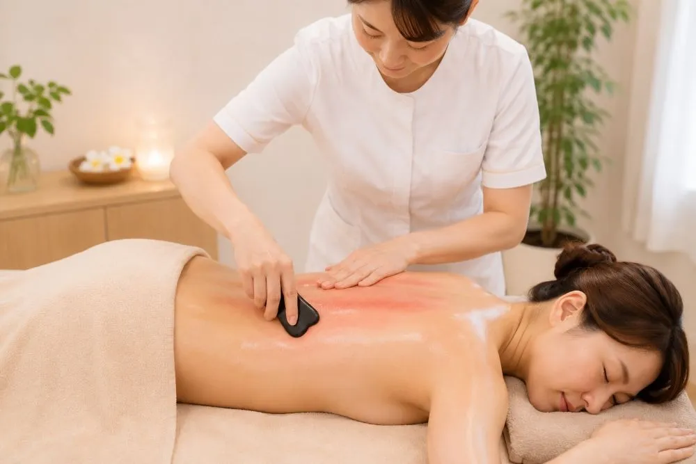かっさプレートを背中に滑らせている様子